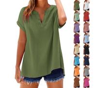 Bluse da donna estiva in cotone e lino, a maniche corte, con scollo a V, T-shirt a tunica, in mussola, con scollo a V, taglie comode, camicia di lino alla moda, top alla moda, camicetta da donna