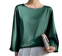 Bluse E Camicie da Donna, Camicetta da Donna in Raso di Seta Estate Elegante Tinta Unita Girocollo Pullover Camicie Top Moda Ampia Manica A 3/4 Tunica Top Casual Formale Festa Camicette da Lavoro T-