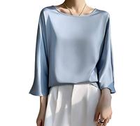 Bluse E Camicie da Donna, Camicetta da Donna in Raso di Seta Estiva Elegante Tinta Unita Girocollo Pullover Camicie Top Moda Ampia Manica A 3/4 Tunica Top Casual Formale Festa Camicette da Lavoro T-
