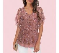 Bluse eleganti e casual estive da donna, doppie trame in rete, scollo a V a maniche corte, tunica per donna L,M,S,XL,XXLStampa CasualeTessuto intrecciato