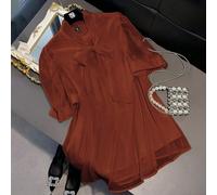 Bluse eleganti in raso con fiocco per donne taglia curvy, abiti marroni, abiti eleganti e classici autunnali, abito marrone ruggine, abito marrone caffè 0XL,1XL,2XL,3XL,4XLColore unicoTessuto