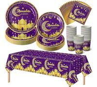 Blushtier Set da tavola per feste Ramadan Eid Mubarak, 97 pezzi, per 24 ospiti, include piatti piani da 22,9 cm, piatti da dessert da 17,8 cm, tazze da 255 g, tovaglioli Eid Mubarak, tovaglia per