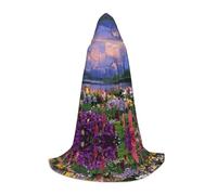 BLWSLC Bellissimo mantello con cappuccio stampato con fiori e montagna, ampio mantello con cappuccio frontale perfetto per adolescenti e feste in famiglia, 3 taglie S disponibili