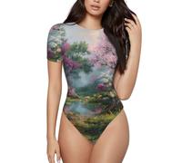 BLWSLC Big Tree by the River - Body da donna a maniche corte con scollo rotondo, tuta intera, da sola o a strati, Nero, S