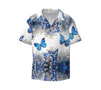 BLWSLC Blue Butterflies White Flowers Prints - Camicia da uomo a maniche corte con colletto cubano, per vacanze estive e spiaggia, Nero , XL