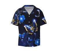 BLWSLC Blue Butterfly Prints - Camicia da uomo a maniche corte con colletto cubano, per vacanze estive e spiaggia, Nero , L