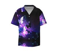 BLWSLC Camicia da uomo con colletto cubano a maniche corte con stampa di farfalle, colore bianco e viola, per vacanze estive e spiaggia, Nero , XXL