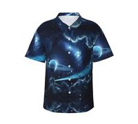 BLWSLC Camicia hawaiana da uomo con stampa tropicale luna, stelle e pianeti, casual, a maniche corte, adatta per vacanze al mare, Nero , S