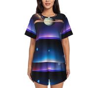 BLWSLC Cosmic Saturn - Set pigiama da donna con maglietta a maniche corte e pantaloncini, set da 2 pezzi, Nero, Large-5X-Large