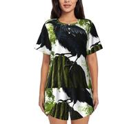 BLWSLC Crows on the tree - Set pigiama da donna con maglietta a maniche corte e pantaloncini, set pigiama da 2 pezzi, Nero, 4X-Large-5X-Large