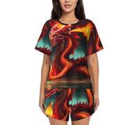 BLWSLC Dragon King in Fire - Set pigiama da donna con maglietta a maniche corte e pantaloncini, set pigiama da 2 pezzi, Nero, 3X-Large-5X-Large
