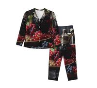 BLWSLC Grapes and Wine Set pigiama da donna stampato pigiama a maniche lunghe abbottonato ampio pigiama multiplo, Nero, M