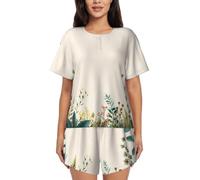 BLWSLC grass - Set pigiama da donna con maglietta a maniche corte e pantaloncini, set da 2 pezzi, Nero, S-5XL