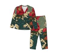 BLWSLC Pigiama casual da donna a maniche lunghe Ukiyo-e giapponese stampato Loungewear Un must per le vacanze, Nero, L