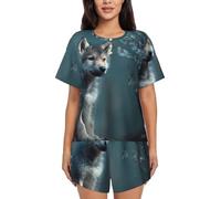 BLWSLC Pigiama da donna con stampa lupo e fiore, girocollo adatto per pigiama feste e vacanze al mare, Nero , XXL