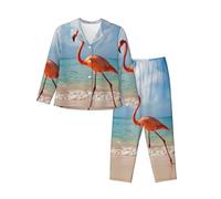 BLWSLC Pink Flamingo Walking on The Beach stampato pigiama da donna set a maniche lunghe abbottonato ampio pigiama multiplo, Nero , M