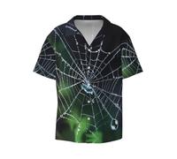 BLWSLC Ragnatela e gocce di rugiada da uomo, colletto cubano, a maniche corte, abbottonatura - camicia casual da spiaggia resort vacanza, nero, L-5XL
