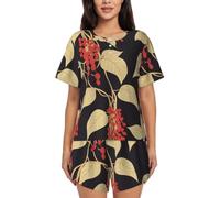 BLWSLC Red berries on the vine - Set pigiama da donna con maglietta a maniche corte e pantaloncini, set pigiama da 2 pezzi, Nero, Large-5X-Large