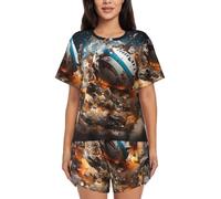BLWSLC Rugby on Fire - Set pigiama da donna con maglietta a maniche corte e pantaloncini, set pigiama da 2 pezzi, Nero, Medium-5X-Large
