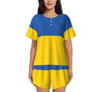 BLWSLC Set pigiama da donna con bandiera dell'Ucraina, maglietta a maniche corte e pantaloncini, set pigiama da 2 pezzi, Nero, Large-5X-Large