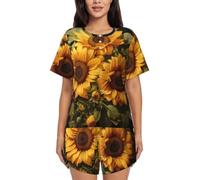 BLWSLC Set pigiama da donna con maglietta a maniche corte e pantaloncini, 2 pezzi, con girasole giallo, Nero, Large-5X-Large