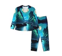 BLWSLC Set pigiama da donna stampato Water Moon Cave, a maniche lunghe, cardigan, adatto per la primavera e l'autunno., Nero, L