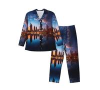 BLWSLC Set pigiama da uomo a maniche lunghe Dubai Sidewinder Tower stampato con colletto adatto per il sonno notturno, Nero, XXL