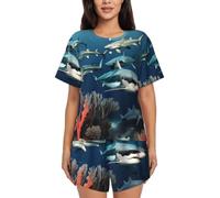 BLWSLC Sharks under the sea - Set pigiama da donna con maglietta a maniche corte e pantaloncini, 2 pezzi, Nero, XX-Large-5X-Large