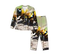 BLWSLC Simpatico pigiama da donna stampato con piccola ape, a maniche lunghe, cardigan, adatto per la primavera e l'autunno., Nero, S