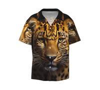 BLWSLC The deep-Eyed Leopard Uomo Colletto cubano Manica Corta Button Down - Casual Beach Resort Vacanza Camicia, Nero, Large-5X-Large