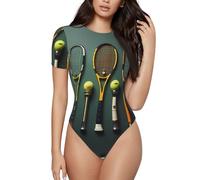 BLWSLC Tuta intera da donna a maniche corte con palline da tennis e racchette, da indossare da solista o a strati, Nero, XXL