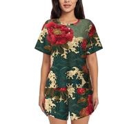 BLWSLC Ukiyo-e - Set pigiama da donna giapponese, maglia a maniche corte e pantaloncini, set da 2 pezzi, Nero, 4X-Large-5X-Large
