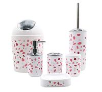 BM 4029 Set di Accessori da Bagno Bianco Auguria Decorato Motivo Terrazzo, Set Accessori Bagno Completo 6 Pezzi, Dispenser, Portaspazzolino, Bicchiere, Portasaponetta, Portascopino, Pattumiera