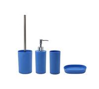 BM 4041 Set di Accessori da Bagno in Plastica, Set Accessori Bagno Completo 4 Pezzi, Dispenser, Portaspazzolino, Portasaponetta, Portascopino Blu