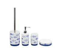 BM 4080 Set di Accessori da Bagno in Ceramica Bianco Blu Decorato Motivo Pesciolini, Set Accessori Bagno Completo 4 Pezzi, Dispenser, Portaspazzolino, Portasaponetta, Portascopino