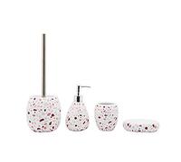 BM 4085 Set di Accessori da Bagno in Ceramica Bianco Anguria Decorato Motivo Terrazzo, Set Accessori Bagno Completo 4 Pezzi, Dispenser, Portaspazzolino, Portasaponetta, Portascopino