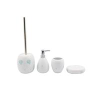 BM 4086 Set di Accessori da Bagno in Ceramica Bianco Turchese Decorato Motivo Coralli, Set Accessori Bagno Completo 4 Pezzi, Dispenser, Portaspazzolino, Portasaponetta, Portascopino