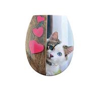 BM 4813 Tavoletta Copriwater Sedile WC Universale Coperchio Toilet Seat Bagno Termoindurente Decorato Motivo Gattino in Casa, Fissaggio dal Basso Cerniere Incluse