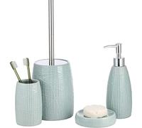 BM 6130 Set Accessori Bagno 4 Pezzi in Ceramica con Superficie Liscia e Linee Turchese - Dispenser, Portaspazzolino, Portasaponetta, Portascopino | Set da Appoggio Elegante per Arredo Bagno Moderno