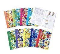 BM BeMore KIDS Maxi quaderni in formato A4 - Rigatura 10F, quadretti 10 mm con margini per 1° elementare - Set da 10 pezzi con copertine colorate e 4 pagine di giochi - Carta da 100g