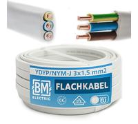 BM Electric Power Cable YDYp NYM 3 x 1,5 mm² (Flat 10 × 5 mm) - Ribbon Cable for Window Feed-Through | Electrical Installation Cable | 300/500 V | Solid Copper | Made in EU