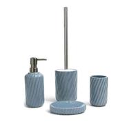BM Set Accessori Bagno 4 Pezzi in Ceramica con Motivo in Rilievo - Dispenser Sapone, Bicchiere, Porta Sapone, Scopino WC in Acciaio Inox - Design Elegante Blu Grigio