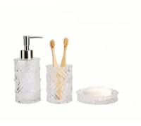 BM Set Accessori Bagno in Vetro 3 Pezzi - Dispenser Sapone, Porta Spazzolino e Portasapone - Design Elegante e Moderno per Bagno e Toilette (Bianco)
