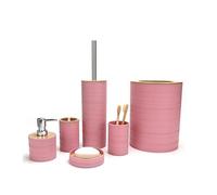 BM Set di Accessori da Bagno in Bambù e Plastica, Set Accessori Bagno Completo 6 Pezzi, Dispenser, Portaspazzolino, Bicchiere, Portasaponetta, Portascopino, Pattumiera