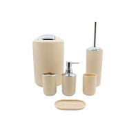 BM Set di Accessori da Bagno in Plastica, Set Accessori Bagno Completo 6 Pezzi, Dispenser, Portaspazzolino, Bicchiere, Portasaponetta, Portascopino, Pattumiera (Beige)