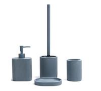 BM Set di Accessori da Bagno in Resina Superficie Strutturato, Set Accessori Bagno Completo 4 Pezzi, Dispenser, Portaspazzolino, Portasaponetta, Portascopino (Linee Rette Blu Grigio)