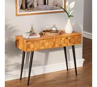 Bme Consolle moderna Mid-Century con 2 cassetti e gambe in metallo, mobili geometrici in legno massello per ingresso, corridoio, soggiorno, noce, teak marrone