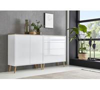 BMG Möbel Credenza Milan Set 3, senza maniglie, piedini in legno, bianco/artisano, bianco lucido