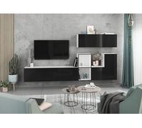 BMG Möbel Moderno set da 7 pezzi da soggiorno a scelta tra 8 combinazioni di colori, frontali in MDF con chiusura morbida, armadi con funzione ribaltabile, scaffale aperto (bianco - nero lucido)