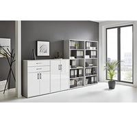 BMG Möbel Office Edition Set 21, armadietto da ufficio con serratura con manici in metallo, Made in Germany (grigio chiaro/bianco lucido)
